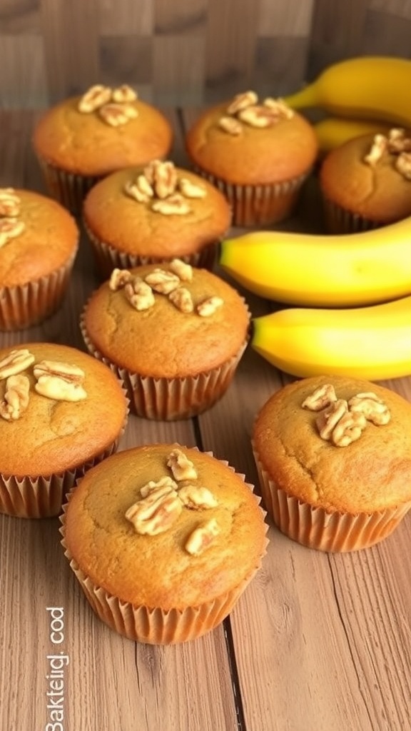 Freshly baked banana bread muffins with walnuts on a wooden table, surrounded by ripe bananas.